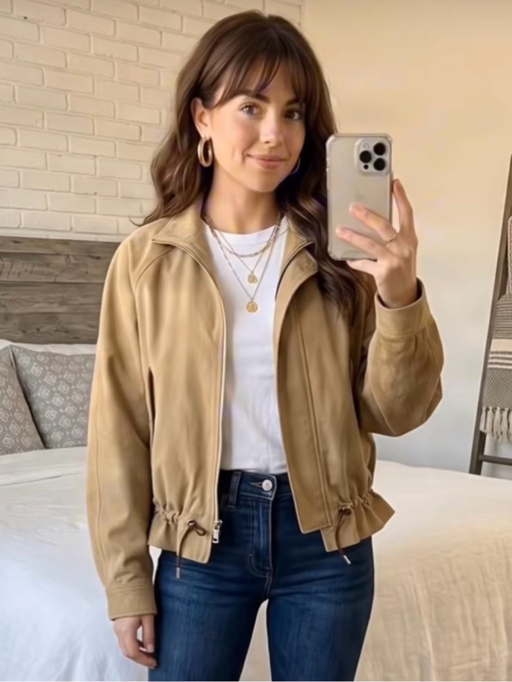 Casual Drawstring Hem Bomber Jacket in Tan L